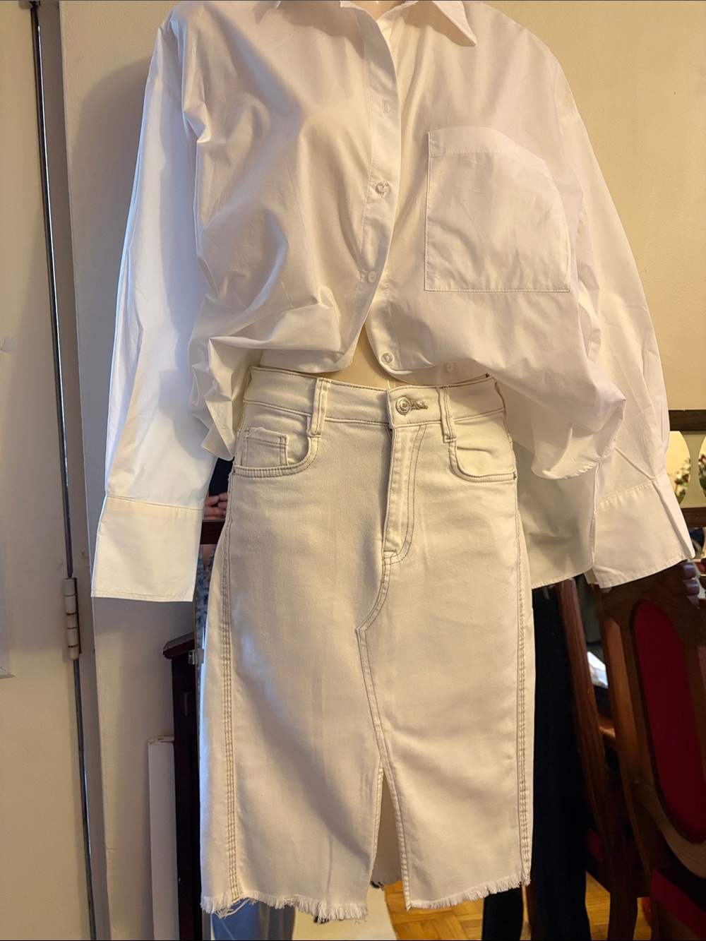 Bershka White Midi Denim Pencil Skirt with Front Slit. Cotton